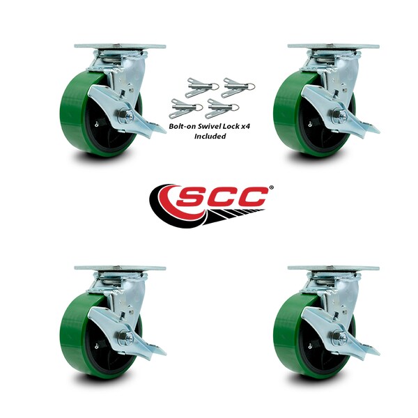 Service Caster 5 Inch Green Poly on Steel Caster Set with Roller Bearings and Brake/Swivel Lock SCC-30CS520-PUR-GB-TLB-BSL-4 - main